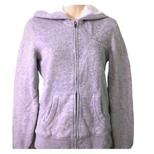 Aeropostale Gray Embellished Hoodie Jacket Junior Size Medium Faux Fur Y2K